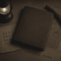 Journal on a textured surface with a lantern in the background